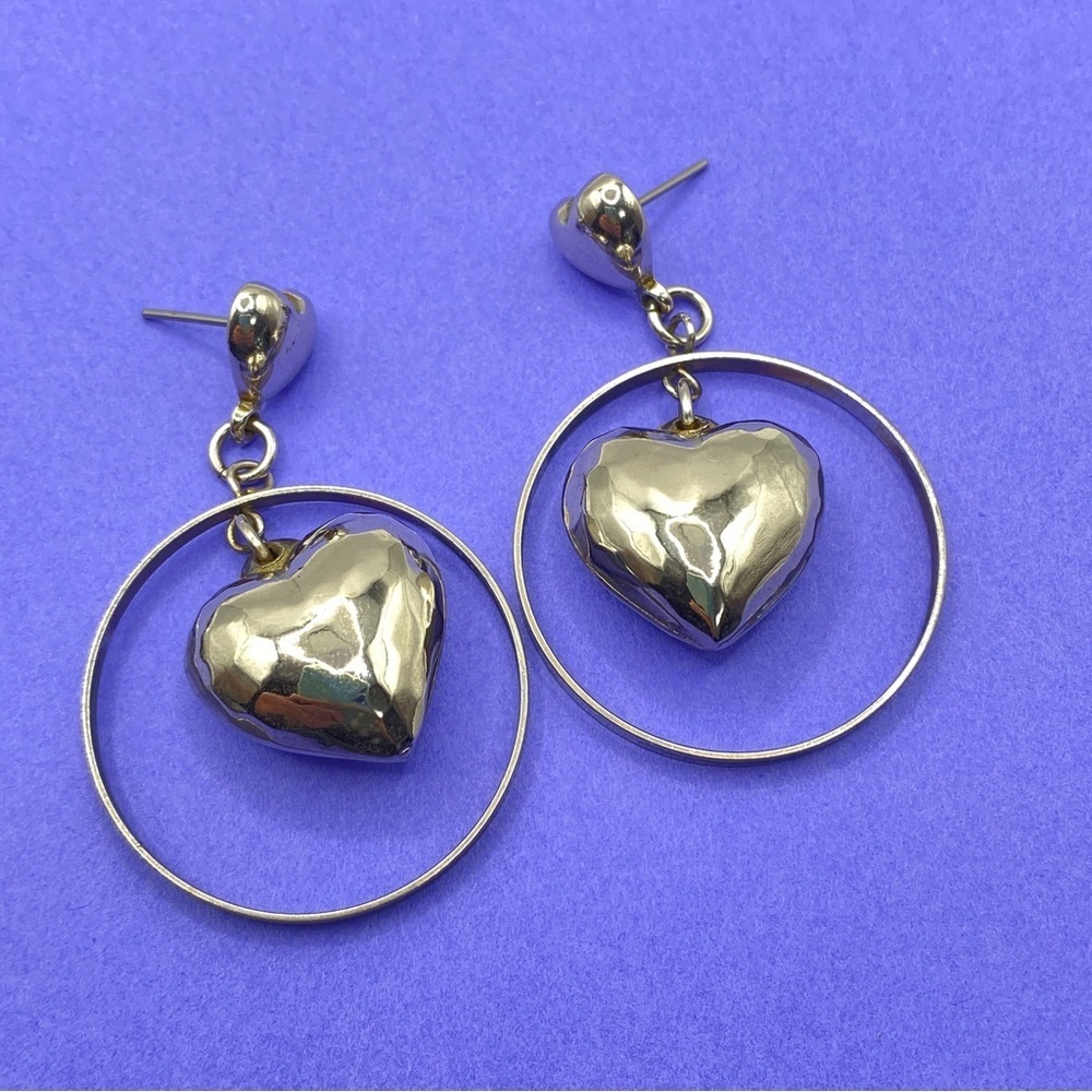 Vintage Circa 1980's Silver Tone Puffed Hearts Circle Hoop Post Earrings